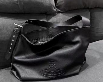 Nana Anime black leather tote bag embossed logo