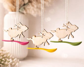 Spring decorations, funny Easter bunny, small Easter gifts, wooden pendants, Easter ornaments, spring living room decor, art set, Easter skiing