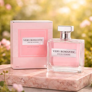 May include: A pink perfume bottle and box set with the text "VERY ROMANTIC POUR FEMME". The perfume bottle is square with a silver cap. The box is pink with a white label. The set is on a pink marble surface.