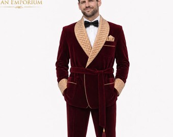 Veste de smoking en velours bordeaux pour homme, matelassée, à col châle et ceinture, style blazer de soirée, par Han Emporium