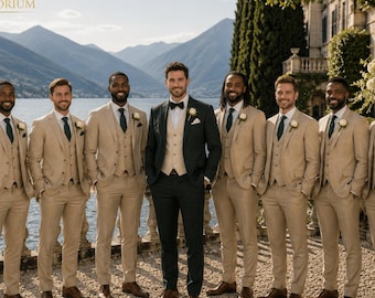 Black Groom Wedding Suit | Sand Beige Groomsmen Suits | Luxury Wedding Party Outfit | Old Money Formal Reception Attire