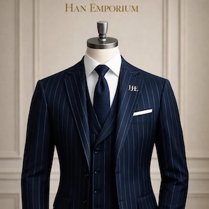 Traje de 3 piezas de raya diplomática azul marino para hombre, esmoquin de novio de boda de corte entallado, atuendo formal de negocios moderno