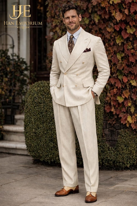 Tuscany Vintage Linen Double Breasted Suit Beige Summer Wedding Outfit Men's Classic Tailored Gentleman Formal Attire