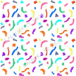 May include: A white background featuring a repeating pattern of colourful brushstrokes. The strokes are in various shapes, including curved lines, triangles, and dots, in shades of pink, orange, yellow, green, blue, and purple.