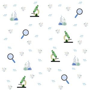 May include: A repeating pattern on a white background featuring green microscopes, blue magnifying glasses, pairs of glass beakers with blue and green liquids, colorful atom symbols, and small blue text labels reading H2O scattered throughout.