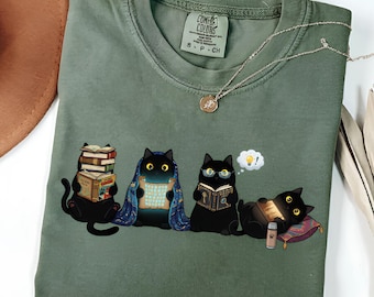 Black Cat Reading Books Shirt, Cats and Books Tee, Book Lover Gift for Her, Cozy Reader T-Shirt, Funny Cat Reading Tee, Comfort Colors Shirt