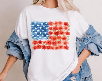 Comfort Colors® Floral American Flag Shirt, Patriotic Flower T-Shirt, 4th of July Tee, Red Poppy Flag Shirt, Women's Independence Day Gift