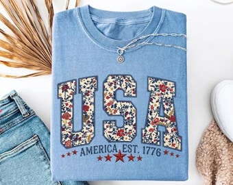 Comfort Colors® Floral USA Shirt, American Girl Shirt, USA Est 1776 Shirt, Girly 4th of July Shirt, Patriotic Women Shirt, Flower USA Shirt