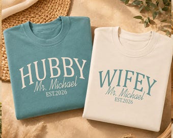 Custom Wifey and Hubby Shirts, Personalized Matching Couple Shirts, Mr and Mrs Honeymoon Gift, Wedding Date Shirt, His Hers Anniversary Gift