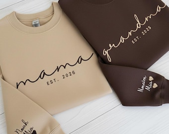 Custom Mom Embroidered Sweatshirt, Personalized Kids Name On Sleeve with Heart, Mama Est Year Shirt, Grandma Gift with Date,Mothers Day Gift