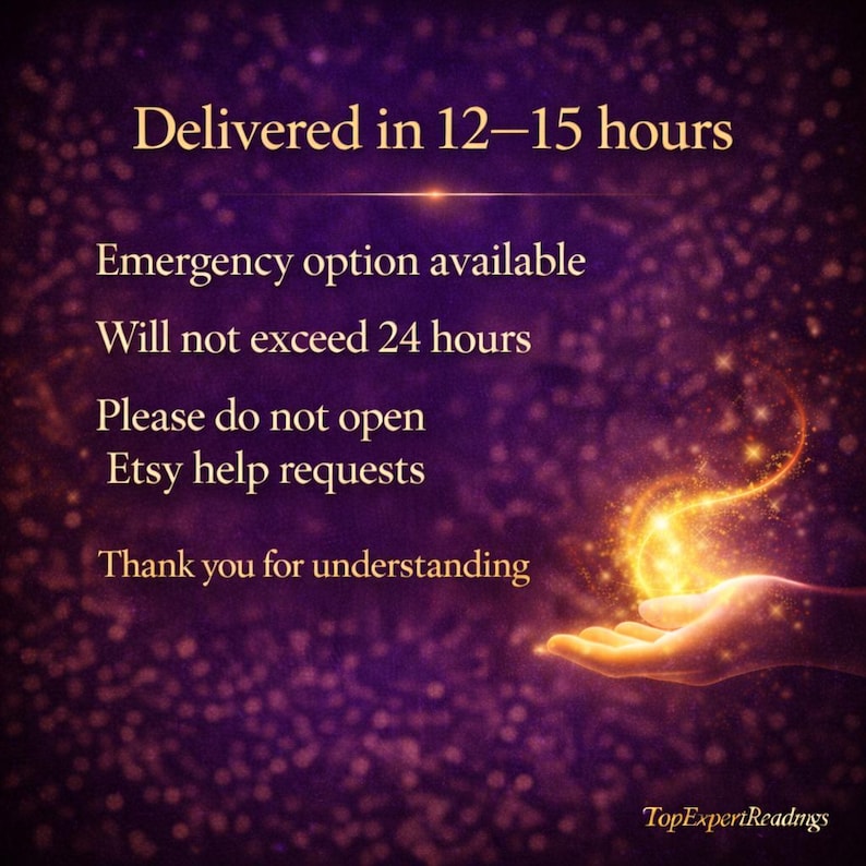 May include: A digital graphic with a purple background and sparkling effects. Text includes "Delivered in 12-15 hours", "Emergency option available", and "Will not exceed 24 hours". A hand holds glowing light.