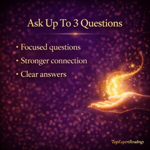 May include: Image with a purple background and sparkling effects. Text reads "Ask Up To 3 Questions" with bullet points: "Focused questions," "Stronger connection," and "Clear answers." A hand is reaching up, with glowing light emanating from it.