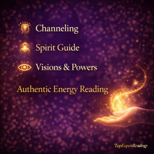 May include: A purple background with gold text and glowing light effects. The text includes "Channeling," "Spirit Guide," "Visions & Powers," and "Authentic Energy Reading." A hand is shown with a glowing energy stream.