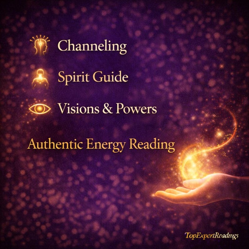 May include: A purple background with gold text and glowing light effects. The text includes "Channeling," "Spirit Guide," "Visions & Powers," and "Authentic Energy Reading." A hand is shown with a glowing energy stream.