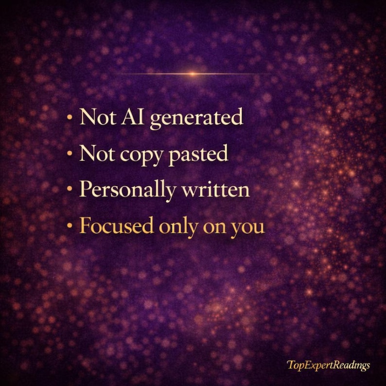 May include: A purple and gold background with white text that reads: "Not AI generated, Not copy pasted, Personally written, Focused only on you." The text "TopExpertReadings" is at the bottom.