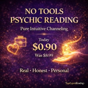 Może przedstawiać: Grafika cyfrowa z napisem "NO TOOLS PSYCHIC READING" złotymi literami. Obraz przedstawia świecącą dłoń, serce i ikonę teczki. Tekst "Real • Honest • Personal" jest również zawarty.