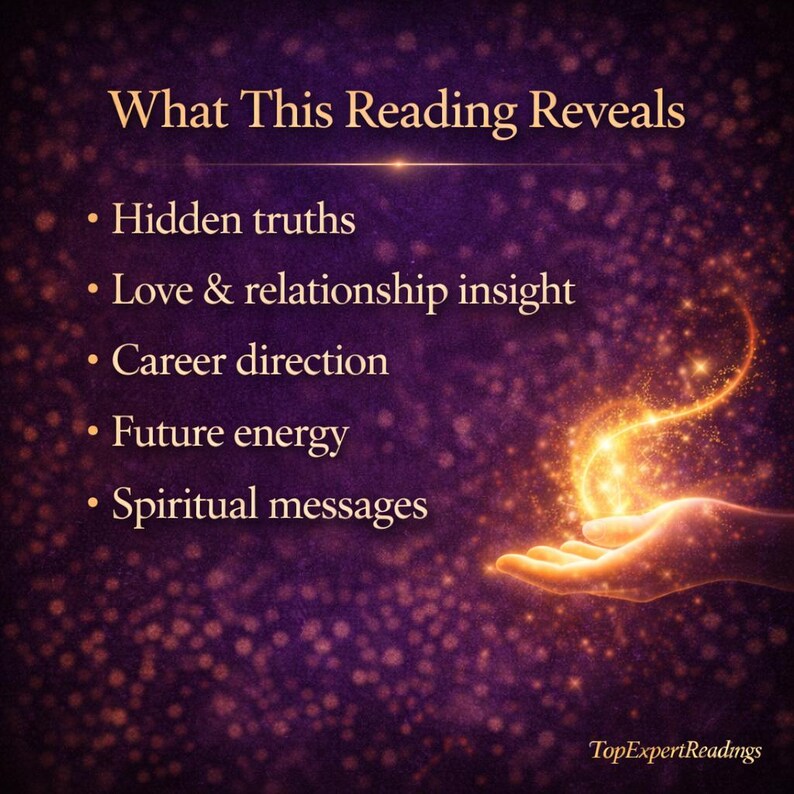 May include: A digital graphic with a dark purple background and glowing golden light effects. Text reads "What This Reading Reveals" followed by bullet points: "Hidden truths," "Love & relationship insight," "Career direction," "Future energy," and "Spiritual messages."