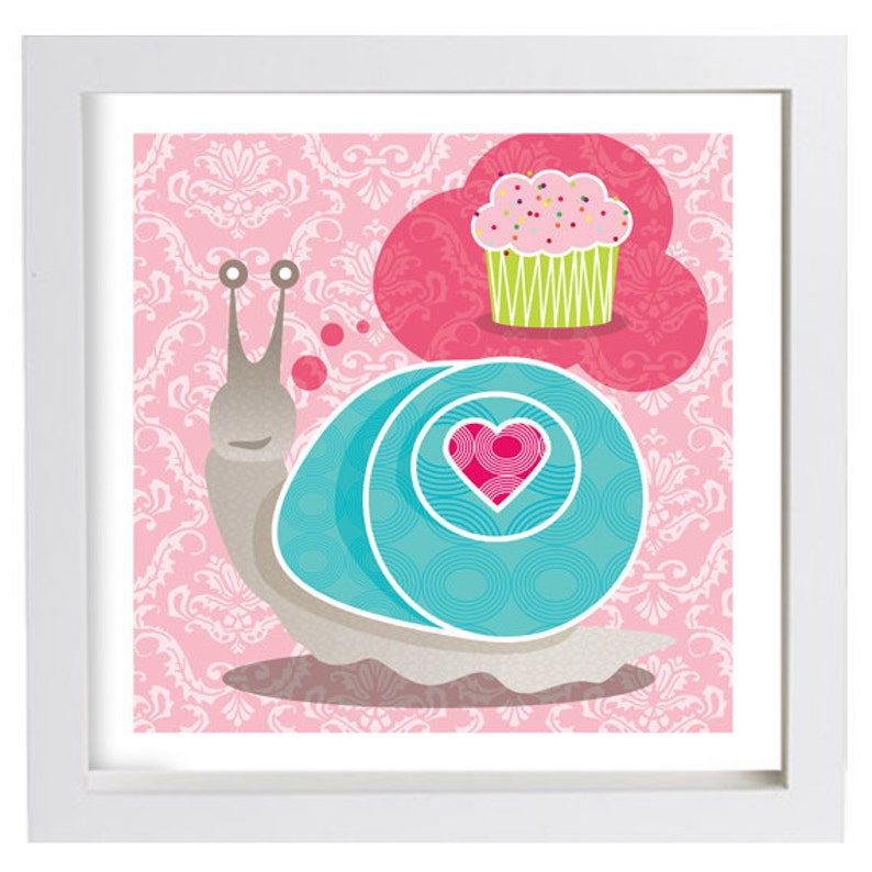 Square, Giclee Wall Art, Colourful Print, Snail Animal Art, Valentine's Day, Cupcake, Pink Giclée, Home Decor image 2