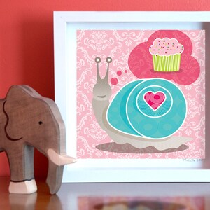 Square, Giclee Wall Art, Colourful Print, Snail Animal Art, Valentine's Day, Cupcake, Pink Giclée, Home Decor image 3