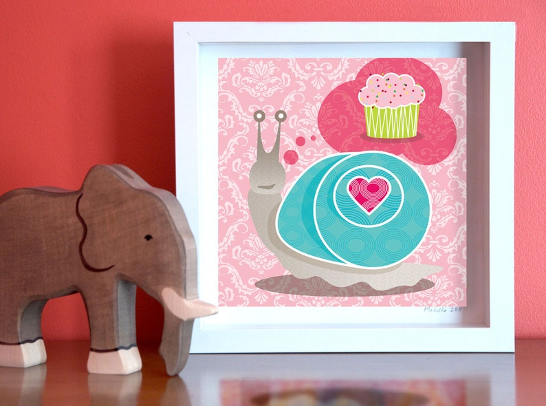 Square, Giclee Wall Art, Colourful Print, Snail Animal Art, Valentine's Day, Cupcake, Pink Giclée, Home Decor image 3