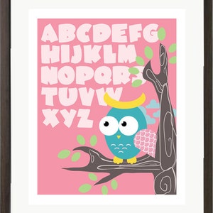 Owl ABC Childrens Wall Art Print 8x10: Rose image 2