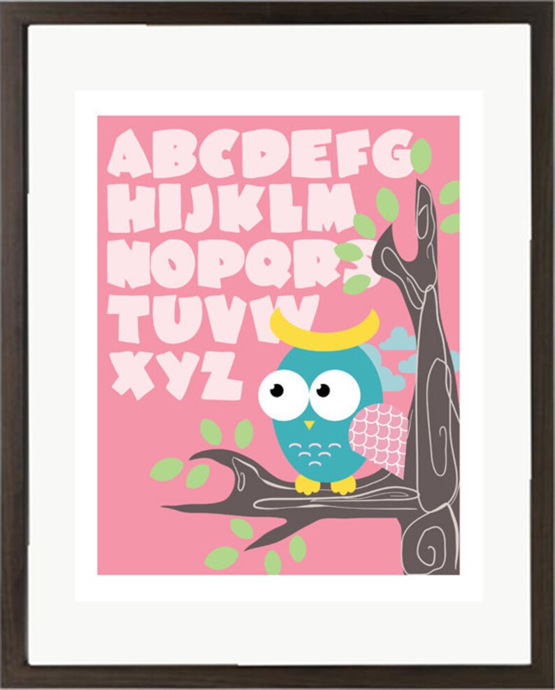 Owl ABC Childrens Wall Art Print 8x10: Rose image 2