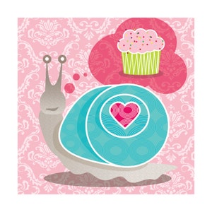 Square, Giclee Wall Art, Colourful Print, Snail Animal Art, Valentine's Day, Cupcake, Pink Giclée, Home Decor image 1