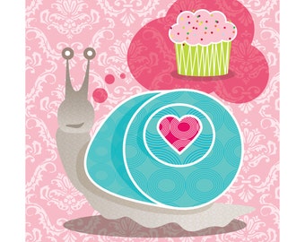 Square, Giclee Wall Art, Colourful Print, Snail Animal Art, Valentine's Day, Cupcake, Pink Giclée, Home Decor
