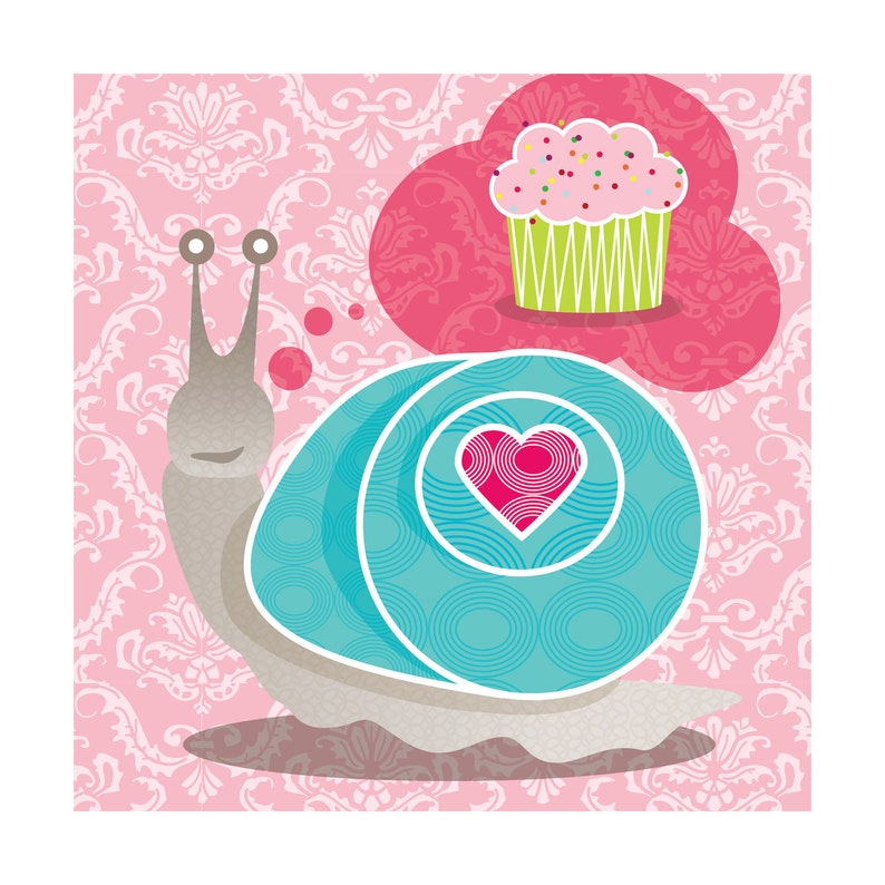 Square, Giclee Wall Art, Colourful Print, Snail Animal Art, Valentine's Day, Cupcake, Pink Giclée, Home Decor image 1