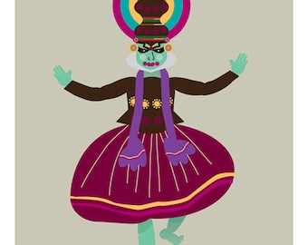 Può includere: Un'illustrazione colorata di un ballerino Kathakali, una forma di danza tradizionale indiana. Il ballerino indossa un copricapo grande ed elaborato con una corona colorata e una gonna viola e dorata. Il ballerino ha un viso verde con occhi neri e un naso rosso.