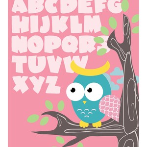 Owl ABC Childrens Wall Art Print 8x10: Rose image 1