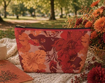 Floral Zipper Pouch, Botanical Travel Organizer, Makeup Cosmetic Bag