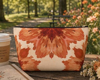 Boho Floral Zipper Pouch, Earthy Botanical Makeup Bag, Travel Accessories Bag