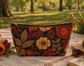 Floral Zipper Pouch, Botanical Print Travel Accessories Bag, Makeup Cosmetic Bag