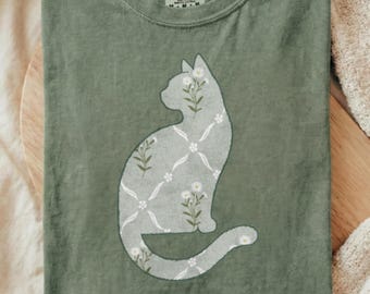 Vintage Cottagecore Cat Shirt, Floral Silhouette Graphic Tee