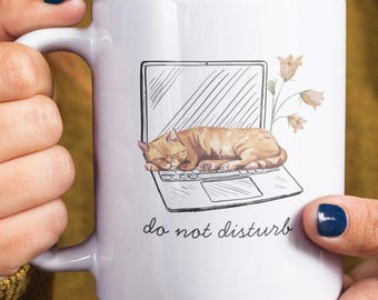 Do Not Disturb Mug, Sleeping Cat Laptop, Cozy Coffee Cup, Cat Mom Gift