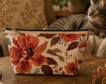 Floral Makeup Pouch, Cottagecore Zipper Bag, Aesthetic Make Up Bag, Travel Accessories Organizer