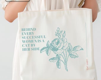 Minimalist Floral Cat Tote Bag, Empowering Women Cat Lover Gift