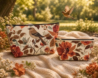 Vintage Floral Pouch Set, 2 Cosmetic Bags Bundle, Cozy Aesthetic Makeup Bag, Travel Organizer Set, Cottagecore Gift for Her