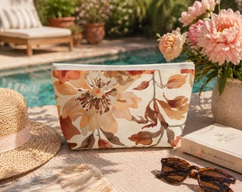 Floral Makeup Bag, Cottagecore Zipper Pouch, Cosmetic Bag, Travel Toiletry Bag, Boho Floral Organizer, Cute Gift for Women