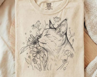 Botanical Cat Line Art Shirt, Minimalist Floral Kitten Tee, Cottagecore Nature Lover Gift