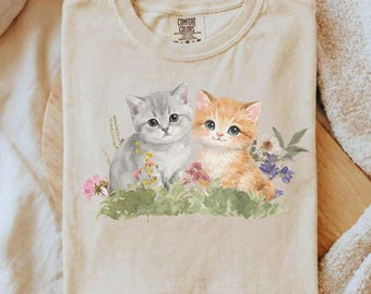 Vintage Watercolor Kittens Floral Shirt, Cottagecore Cat Lover Tee