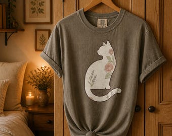 Vintage Floral Cat Shirt, Cottagecore Botanical Cat Tee, Soft Grunge Texture