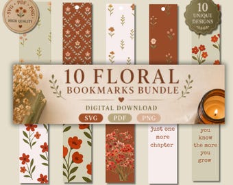 10 Floral Bookmark Bundle Digital Download, Printable SVG Bookmark, Book Lover Gift