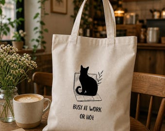 Cat Tote Bag, Minimalist Black Laptop Design, Funny Cat Lover Gift