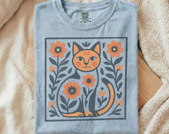 Folk Art Cat Shirt, Scandinavian Floral Cottagecore Tee, Retro Nordic Design