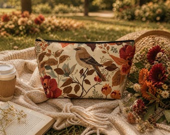 Vintage Floral Large Makeup Bag, Cottagecore Cosmetic Pouch, Large Zipper Bag, Travel Organizer, Aesthetic Pencil Case