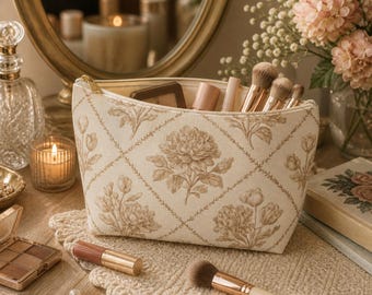 Vintage Floral Makeup Pouch, Small Cosmetic Bag, Vintage Floral Zipper Pouch, Neautral Aesthetic Bag, Travel Organizer, Minimalist Pouch