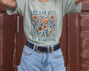 Floral Cat Shirt, Folk Art Cat Lover Gift, Positive Message Tee