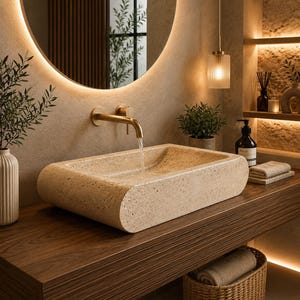 Travertine Vessel Sink, Beige Natural Stone Bathroom Sink, Handmade Luxury Vanity Basin, Modern Organic Bathroom Decor